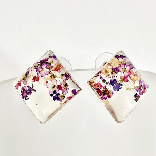 square earring studs with dried wildflowers in resin and stailess steel posts